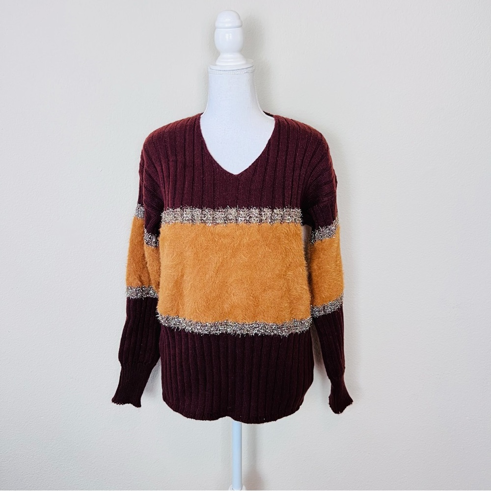 Brown, Orange & Tinsel Colorblock V-Neck Long Sleeve Knit Sweater